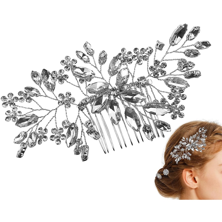 Set 10 accesorii par mireasa, ‌pieptene si ac de par pentru mireasa, flori, strasuri si perle artificiale, cadou nunta, argin ﻿