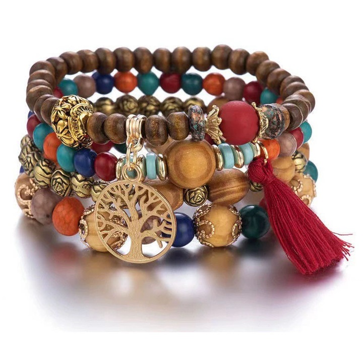 Set 4 bratari boho femei, Bracelet elastic, posibil de asezat in straturi, metal aliaj, seminte Bodhi, multicolor, 6cm, Frange rosii