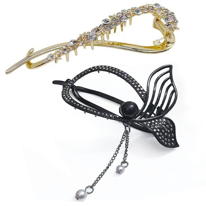 2 darabos női hajcsat szett, hajtű és spirális kristálydíszítésű hajcsat, ötvözetből, arany és fekete színben, 11x6 cm/10.5×3 cm