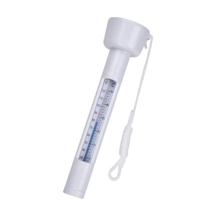 Úszómedence-hőmérő, kettős skála 50°C-ig, nyakpánttal, úszó, 18,5 cm, fehér