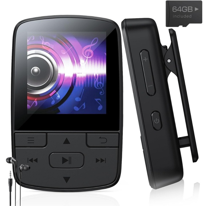Мини MP3 плейър, 1.4-инчов екран, Bluetooth 5.2, 64GB памет, поддържа SD карта до 128GB, управление с бутони, щипка за закопчалка, HiFi звук, FM радио, гласов рекордер, хронометър, крачкомер, преносим, USB-C, слушалки в комплекта, черен