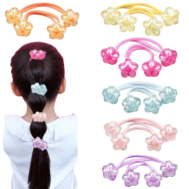 Set 12 elastice pentru par copii, elasticitate mare, bentita cu pernite pentru fetite, forma florilor, multicolor, 11.5cm