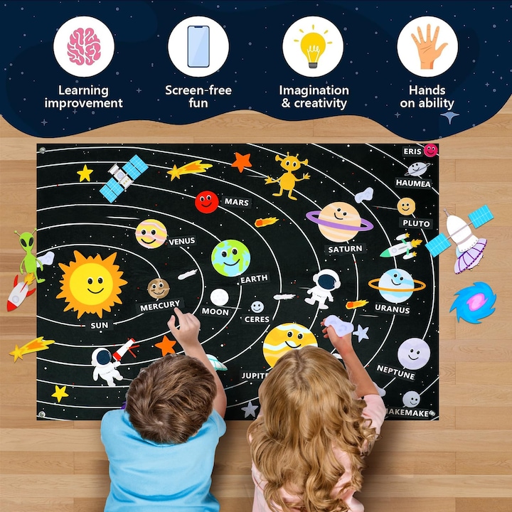 Образователна играчка Монтесори, Dussdote, Филц, Слънчева система, Планети/Ракета/Астронавт, 4 куки, 3 години +, филцова дъска за малки деца, истории, образователни подаръци