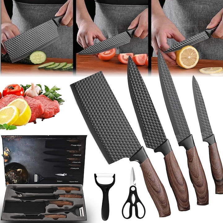 Set de cutite pentru bucatarie, 6 piese, 4 cutite de bucatarie, 1 foarfeca, 1 cutit de decojit din ceramica, material otel Inoxidabil, cutie depozitare Inclusa, pentru fructe/legume si carne, negru
