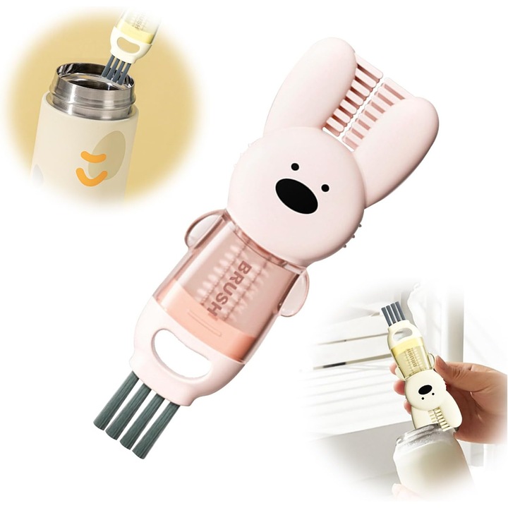 Perie de curatare a capacului de sticla 4 in 1, instrument multifunctional de curatare a canilor termos, roz