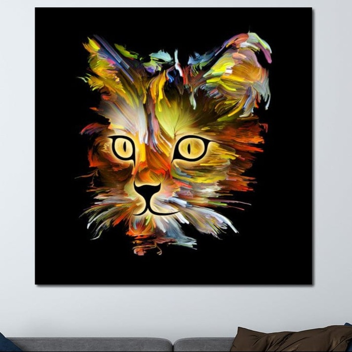 Картина върху платно LuxCanva® M1189, Маска на котка, 90 X 90 см, 100% памучно платно 400 гр/м2, Дървена рамка, Абстрактна, многоцветна, живопис, котка, модерна, декор, рисунка, артистична, дизайн, котешка, експресивна, лице