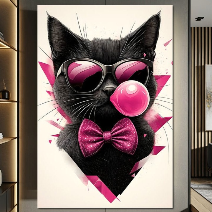 Tablou Canvas Premium, LuxCanva® M1191, Rockstar cu Mustati, 40 X 60 CM, Panza Bumbac 100% 400g/m2, Sasiu Lemn, Pisica, Funky, Pop Art, Fashion, Roz, Ochelari, Fundita, Modern, Balon, Guma, Sclipici, Birou, Living, Camera Copil