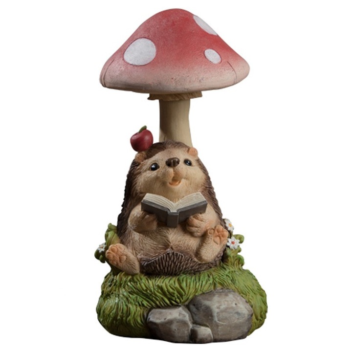 Kerti dekoráció, LED lámpák napelemes töltéssel, 19.5 x 9.5 x 9.5 cm, Olvasó sündisznó gomba modell, Sötétbarna