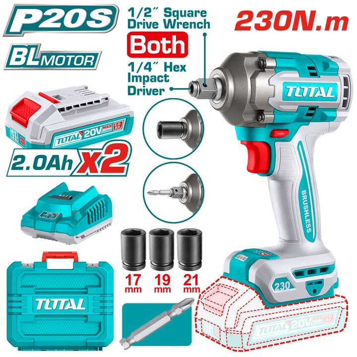 Masina de insurubat cu impact TOTAL cu acumulator 20V, motor fara perii (include 2 acumulatori, 1 incarcator)