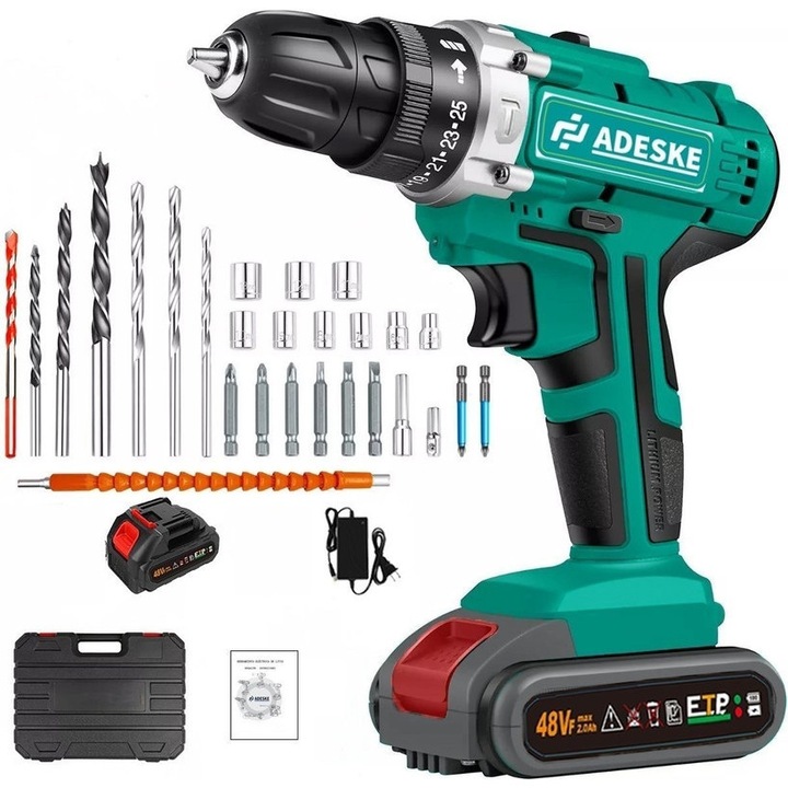 Masina de gaurit si insurubat autofiletanta, Set bormasina cu impact surubelnita electrica ADESKE fara perii, set complet (3 functii+ baterii+25 accesorii),25+3 trepte cuplu, LED, design usor, pentru pereti/ceramica/plastic, verde