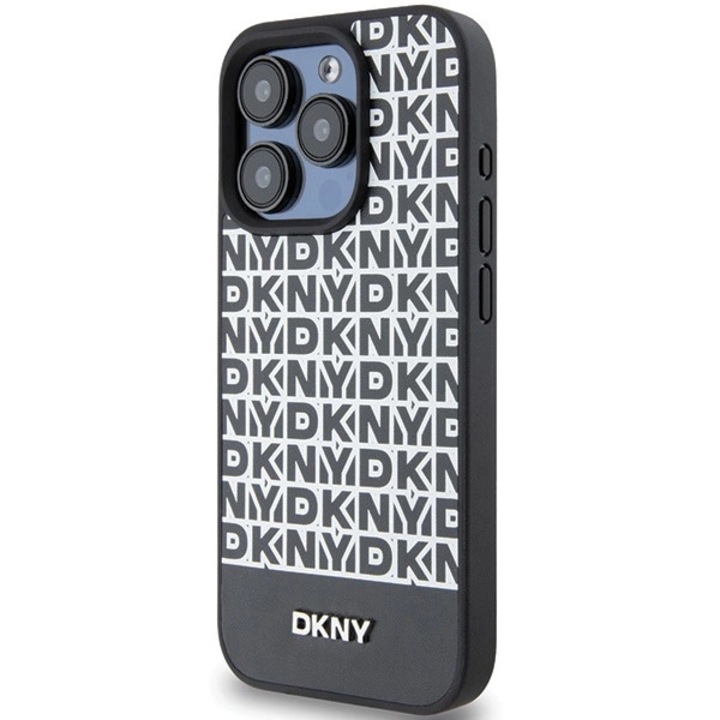 Etui telefon DKNY MagSafe TPU cu logo metalic pentru iPhone 15 Pro Max, negru
