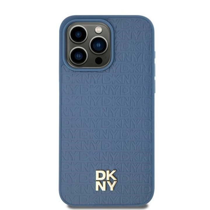 Husa telefon, DKNY, Leather Monogram Pattern Metal Logo MagSafe, albastra, pentru iPhone 15/14/13 6.1"