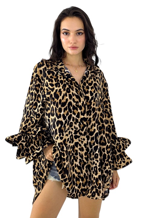 Elegáns Sugar LoLLy ing, fodros ujjakkal és túlméretezett szabással, bézs leopárdmintás, univerzális S/M/L méret, FashionForYou