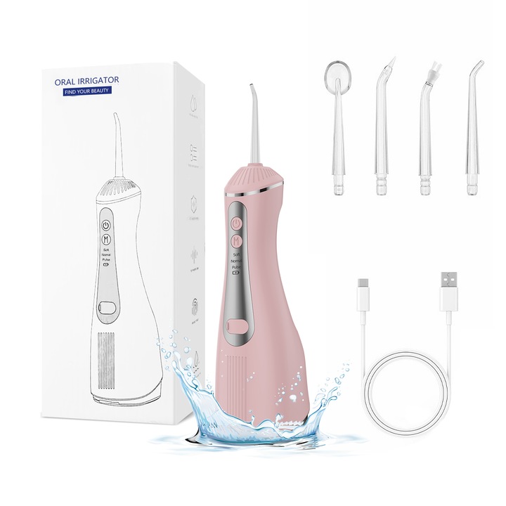 Szájöblítő, Qtenzivize, Professzionális szájöblítő, 330 ml-es kivehető tartály, 1600 pulzálás/perc, 3 üzemmód, 4 fúvóka mellékelve, IPX7 vízállóság, Hordozható szájöblítő, Rózsaszín