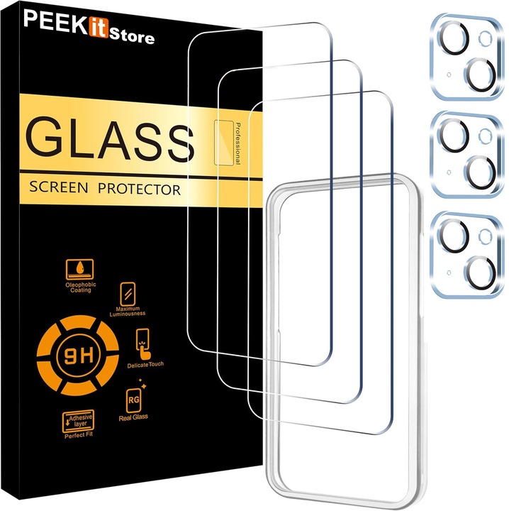 Комплект от 3 протектора за екран за iPhone 15 Plus [6.7 инча] + 3 протектора за обектива на камерата с монтажна рамка, закалено стъклено фолио, съвместимо с калъфа, [твърдост 9H] - HD