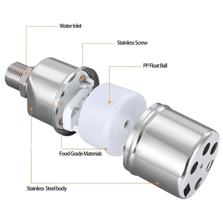 Supapa de control al nivelului apei TREXORA, 10-150 PSI, din inox 304, argintie, pentru sisteme de scurgere