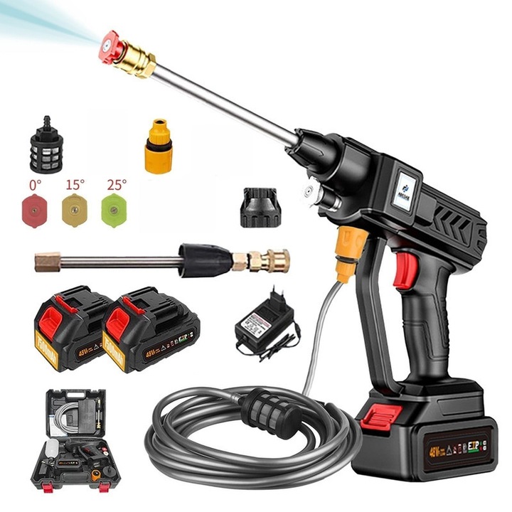 Aparat spalat cu presiune ADESKE 24V fara fir, Spalator auto high pressure washer fara fir, set complet (unitate+2 baterii+10 accesorii),3 duze(0°/15°/25°)/teava 6.5m/spumator, pentru uz casnic, negru