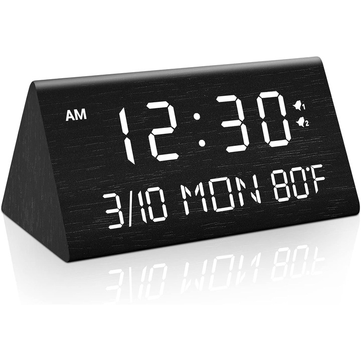 Ceas desteptator digital din lemn cu luminozitate reglabila, 2 setari de alarma, amanare de 9 minute, afisaj LED, temperatura, afisaj zi si data pentru birou, calatorii si dormitor, negru