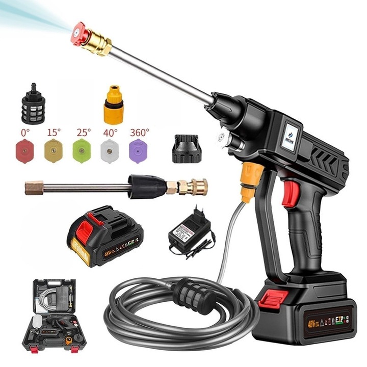 Aparat spalat cu presiune ADESKE 24V, Spalator auto high pressure washer premium fara fir, set complet (unitate+baterie+11 accesorii), 5 duze(0°/15°/25°/40°/360°)/teava 6.5m/spumator, pentru uz casnic, negru