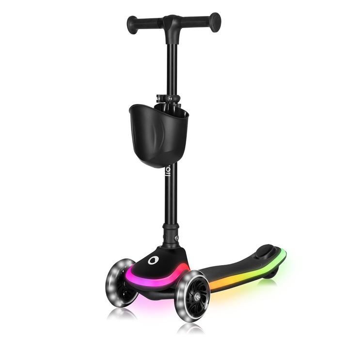 Trotineta Lionelo Mey, ultrapliante, cu lumini LED și cosulet, negru, pentru copii 3 ani+, până la 50 kg, 2.8 kg