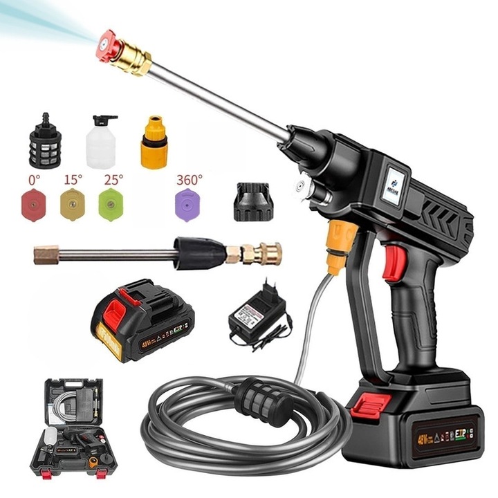 Aparat spalat cu presiune fara fir ADESKE 24V, Spalator auto high pressure washer premium fara fir, set complet (unitate+baterie+12 accesorii),4 duze(0°/15°/25°/360°)/teava 6.5m/spumator, pentru auto/casa, negru