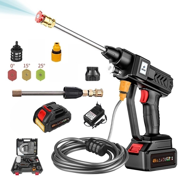Aparat spalat cu presiune ADESKE 24V fara fir, Spalator auto high pressure washer premium fara fir, set complet (unitate+baterie+10 accesorii), 3 duze(0°/15°/25°)/teava 6.5m/spumator, pentru auto/tratament, negru