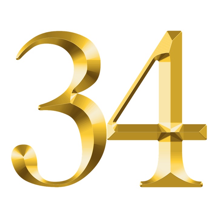 Numar cifra 34, Pentru casa, Efect 3D, Numere de usa, cutie postala, apartament, hotel, birou, camera, curte, cafenea, Autoadeziv, Cri-Flo, Culoare Auriu, Inaltime 8 cm