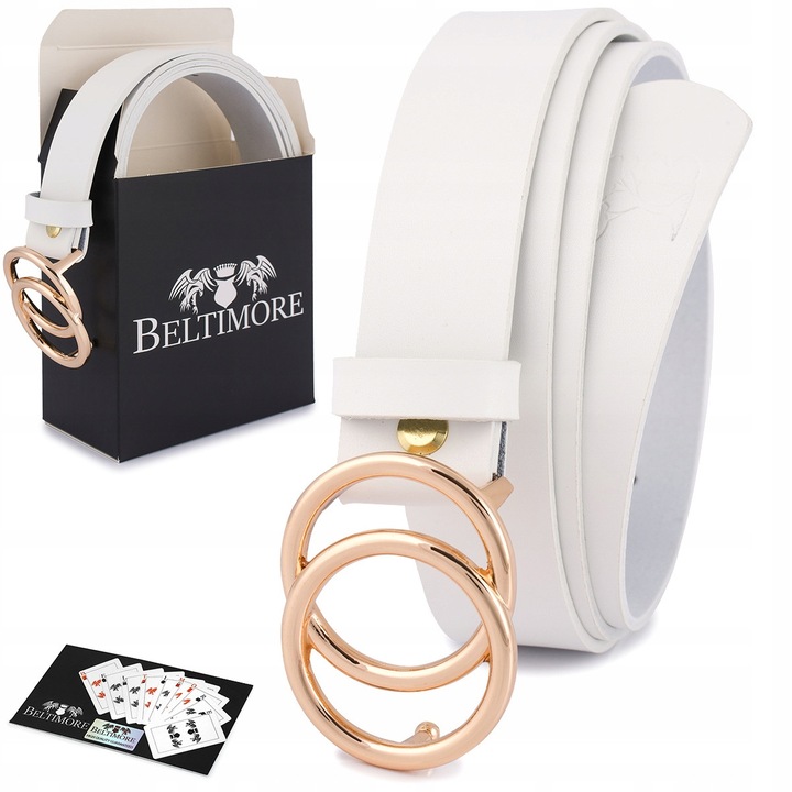 Дамски кожен колан, бял, ширина 2,8 см, със златна катарама, комплект с кутия, Beltimore