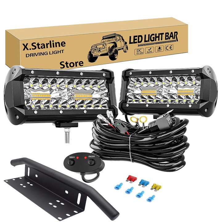 2 buc 6.5 inch 120W LED Bara de lumina chihlimbar alb stroboscop 5 moduri functie de memorie Off-road Truck Car ATV SUV Barca cu cabina pentru placuta de inmatriculare suport si cablaj 16AWG Kit-2 Plumb