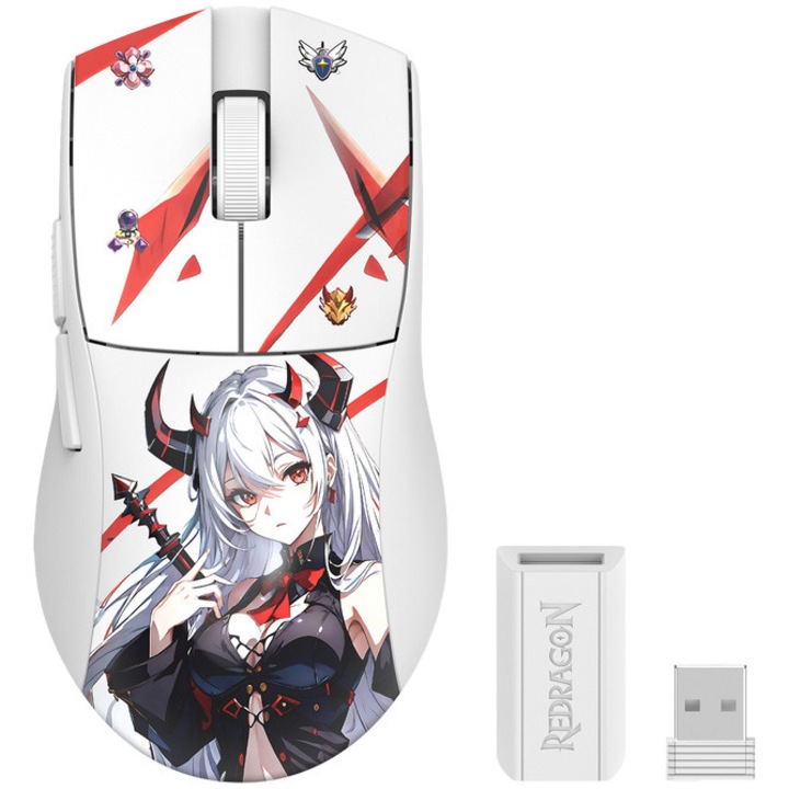 Vezeték nélküli/vezetékes gamer egér Redragon K1ng Pro, 26000 DPI, Pixart PAW3395 optikai szenzor, Anime, Fehér