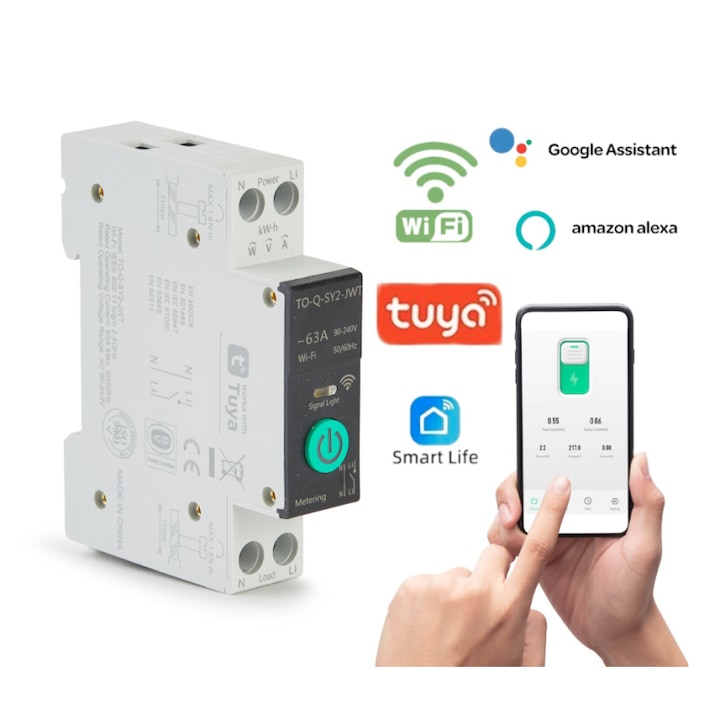 Siguranta Smart WIFI, Reglabila 1-63A, TUYA, Control La Distanta, Protectie Supra si Subtensiune, Supracurent, Control Vocal