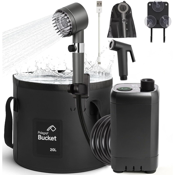 Акумулаторна помпа за къмпинг душ, преносим къмпинг душ 6000mAh, 4 вида режим на пръскане, външен електрически душ IPX7, водоустойчив, захранван от USB батерия, с кофа от 5 галона и подови постелки