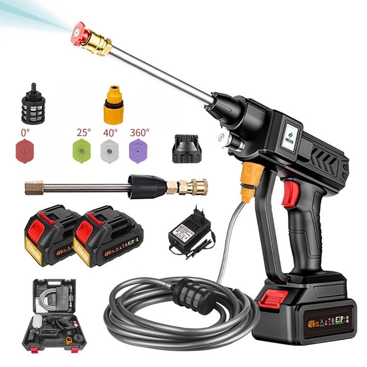 Aparat spalat cu presiune ADESKE 24V, Spalator auto high pressure washer fara fir, set complet (unitate+2 baterii+11 accesorii), 4 duze(0°/25°/40°/360°)/teava 6.5m/spumator, pentru auto/gradina/tratament, negru