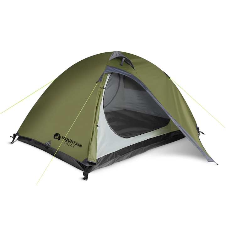 Cort portabil turistic, 2 persoane, PRIME DUO, MOUNTAIN GOAT, 2 intrari, 2 abside laterale, impermeabil 4000 mm, podea 6000 mm, montaj rapid, ventilatie eficienta, camping, trekking, drumetii, natura, culoare verde masliniu