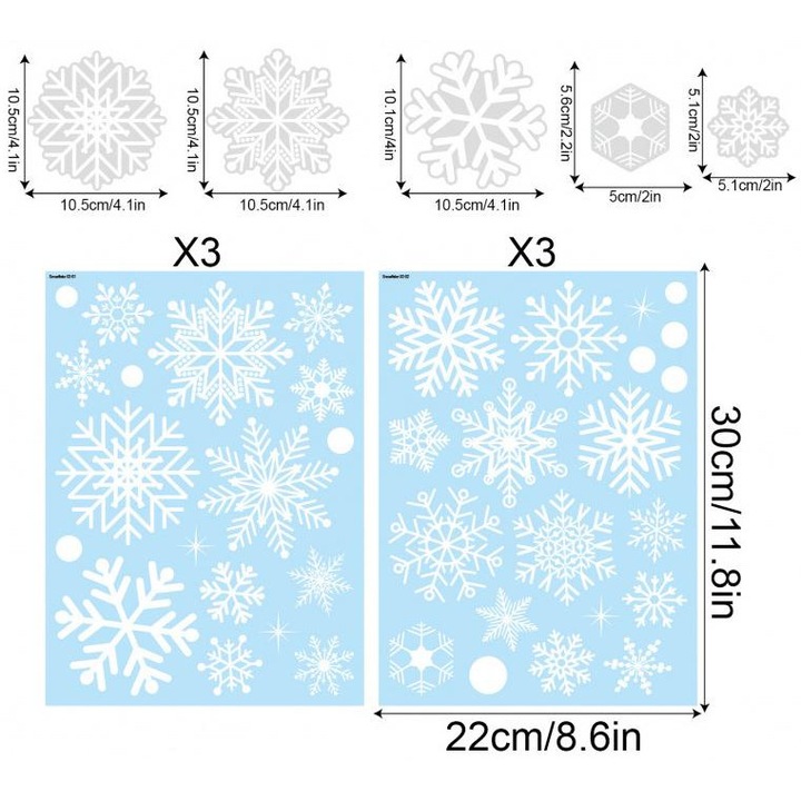 Set de 6 foi autocolante cu fulgi de zapada Kengege®, 114 piese, PVC, 30x20cm, reutilizabile, pentru Craciun