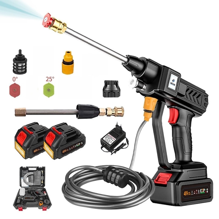Aparat spalat cu presiune ADESKE 24V fara fir, spalator auto high-pressure washer nou model, set portabil (unitate+2 baterii+10 accesorii), 2 duze(0°/25°)/teava 6.5m/spumator, pentru auto/plante/spalare, negru