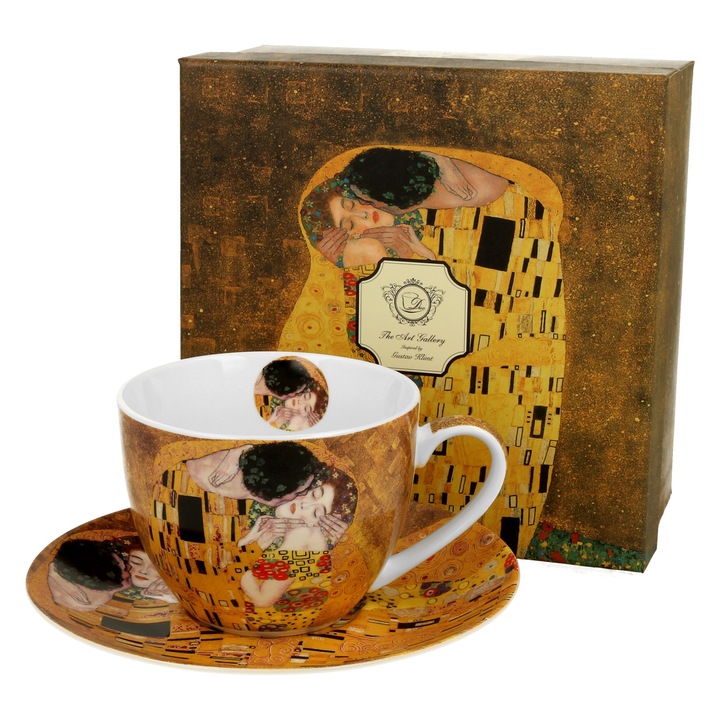 Чаша с чинийка 280 мл Целувката, Duo Gift, порцелан, 9x7 см, многоцветна