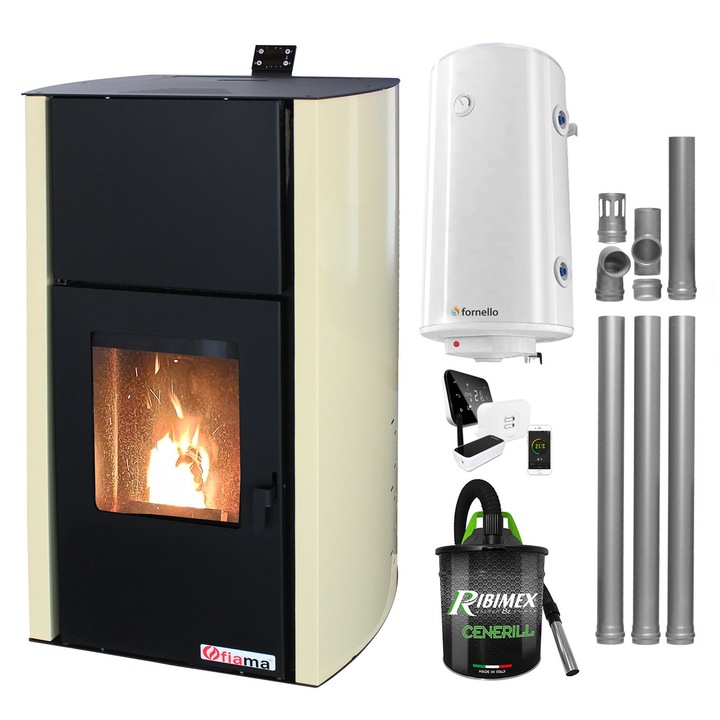 Set control de la distanta Termosemineu pe peleti Fornello Fiama Confort 30 kW, cu pompa, vas expansiune, automatizare, boiler, termostat, aspirator, kit evacuare 3.5 ml, buncar 35 kg, tiraj fortat, culoare crem, pana la 200 mp