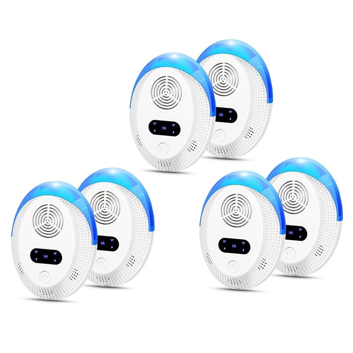 Set cu 6 Aparate profesionale cu ultrasunete, anti rozatoare, anti sobolani, anti insecte, frecventa 20kHz-65kHz, afisaj digital, acoperire 360°, raza 220 MP, Alb