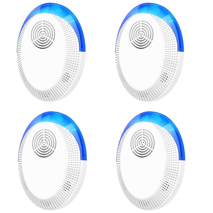 Set cu 4 Aparate profesionale cu ultrasunete, anti rozatoare, anti sobolani, anti insecte, frecventa 20kHz-65kHz, acoperire 360°, raza 220 MP, Alb