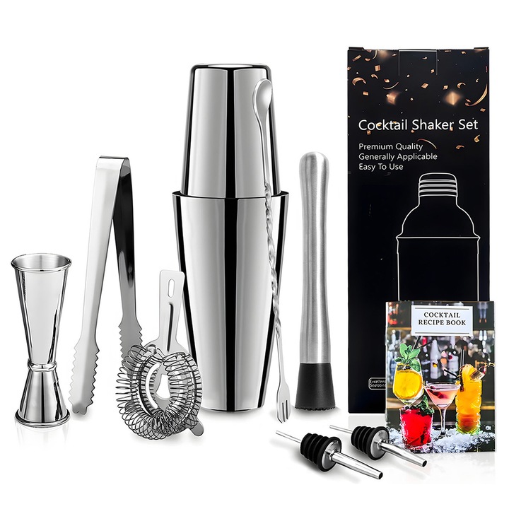 Set de Cocktailuri cu 8 Piese, Otel Inoxidabil, Usor de Curatat, Inclusiv Shaker Pentru Cocktailuri, Strecuratoare, Zdrobitor, Dozator, Lingura, Cleste, Turnator - Accesorii Pentru Barman, uz Casnic si in Bar, Argintiu