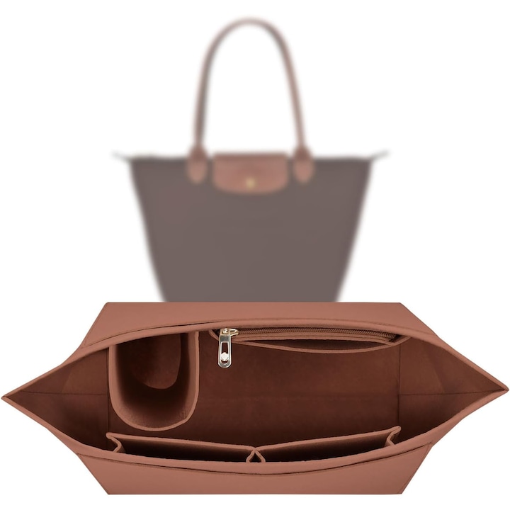 Organizator pentru Poseta – Insertie Din Fetru pentru Genti Longchamp, 7l x 28L x 28H cm, Cu Buzunare Interne si Externe, cu Fermuar, Culoare Maro inchis