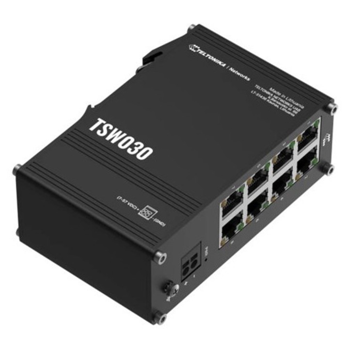 Switch Ethernet Teltonika TSW030, 8 porturi, 2 pini, 7-57 VDC, montare pe sina DIN