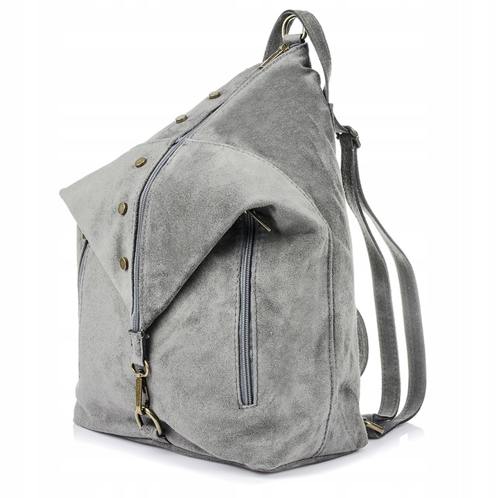 Női hátizsák, Vera Pelle, velúr természetes bőr, szürke, A4-es méret, állítható pántok