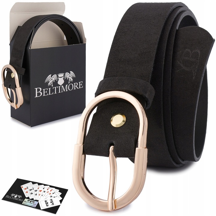 Női öv valódi bőrből, fekete, arany csattal, 3 cm, dobozzal együtt