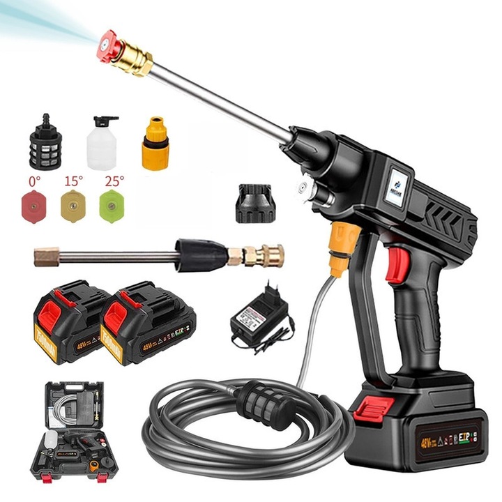 Aparat de spalat cu presiune fara fir ADESKE 24V, Spalator auto high-pressure fara fir, high pressure washer, set complet (aparat+2 baterii+12 accesorii), 3 duze(0°/15°/25°)/teava 6.5m/spumator, pentru auto/plante/tratament, negru