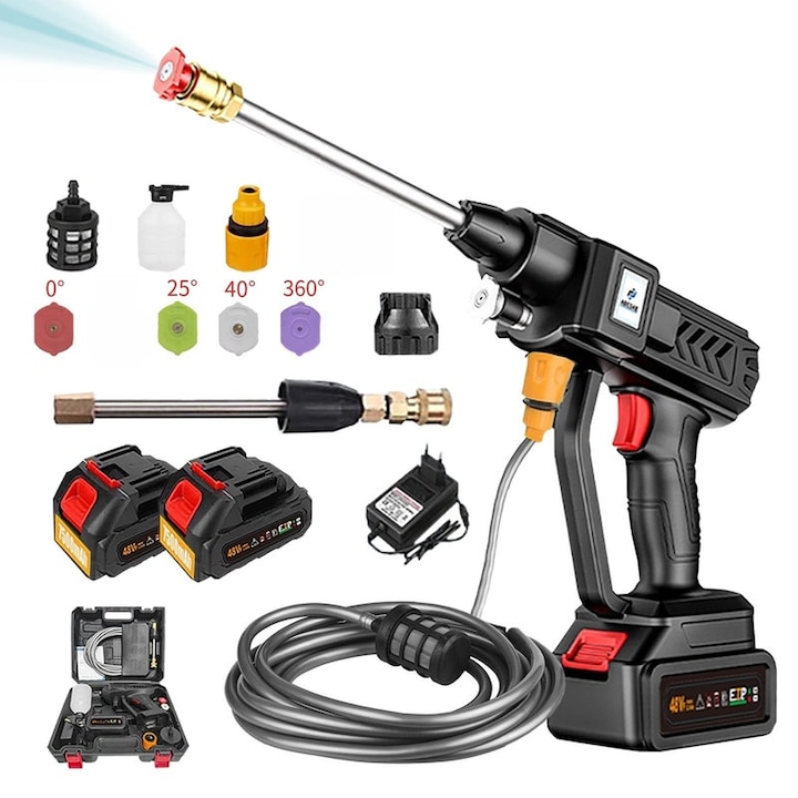Aparat de spalat cu presiune fara fir, Spalator auto high-pressure ADESKE fara fir, high pressure washer, set complet (unitate+2 baterii+13 accesorii), 4 duze(0°/25°/40°/360°)/teava 6.5m/spumator, portabil pentru casa, negru, IPX5, portabil