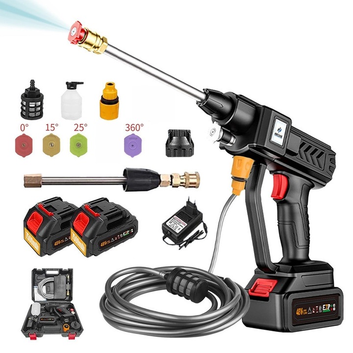 Aparat spalat cu presiune ADESKE 24V fara fir, Spalator auto high-pressure fara fir, high pressure washer, set complet (unitate+2 baterii+13 accesorii), 4 duze(0°/15°/25°/360°)/teava 6.5m/spumator, pentru auto/plante/tratament, negru