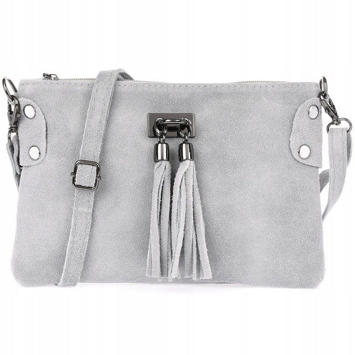 Малка дамска чанта, Beltimore, изработена от велур, светло сива, с ресни, размери 17x10см