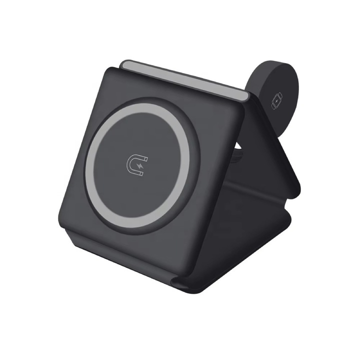 Incarcator Wireless 3 in 1 Magnetic Pliabil pentru iPhone, Apple Watch si AirPods, Design Compact, Fast Charging 15W